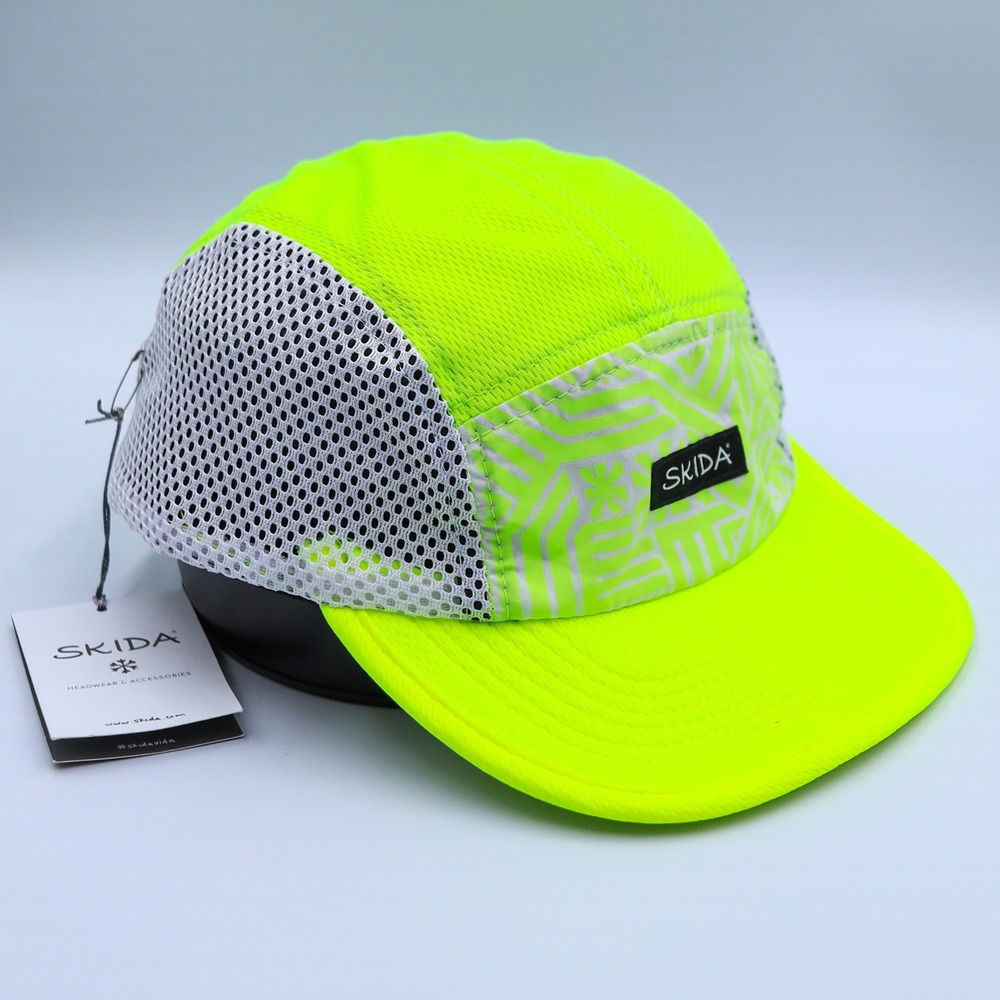 Skida Run Cap Unisex Neon Waves Yellow Mesh 5 Panel Adjustable Performance Hat